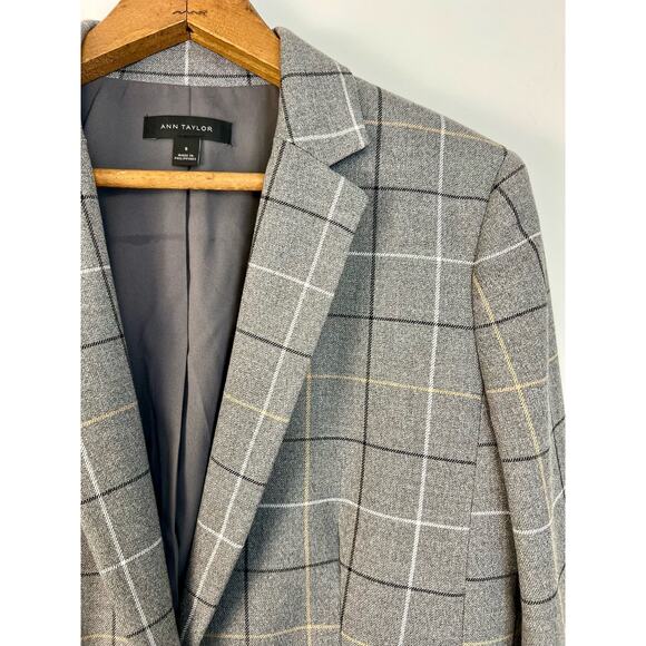 Ann Taylor Blazer Womens 8 Gray Windowpane Plaid Single Breasted Classic - Picture 2 of 11